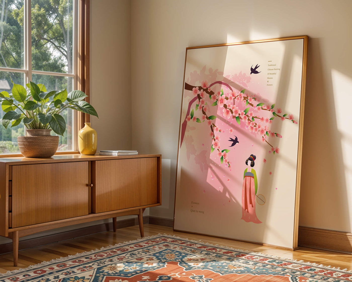 Traditional Chinese art with cherry blossoms and elegant figure