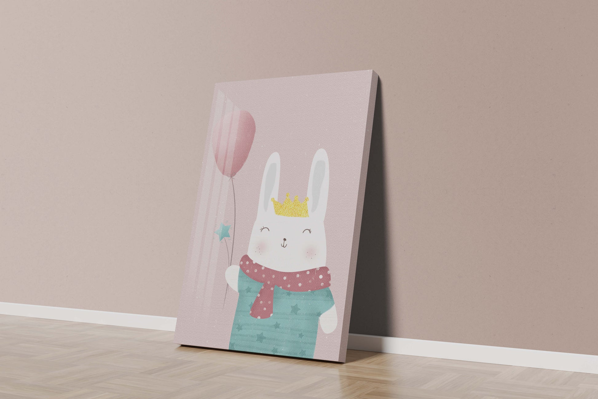Adorable ilustración de conejito con globo rosa y corona dorada.