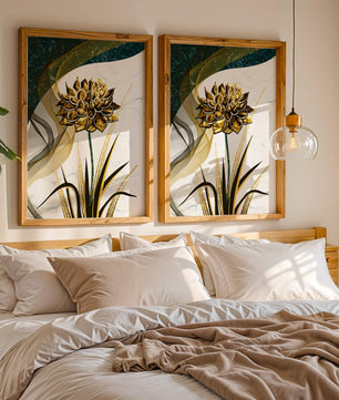 Golden flower artwork with abstract background for contemporary decor