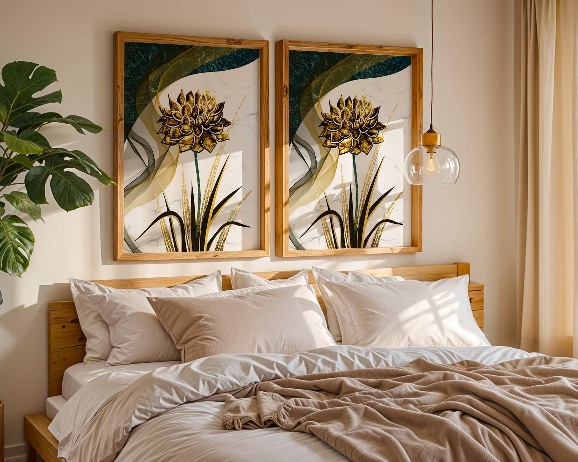 Golden flower artwork with abstract background for contemporary decor