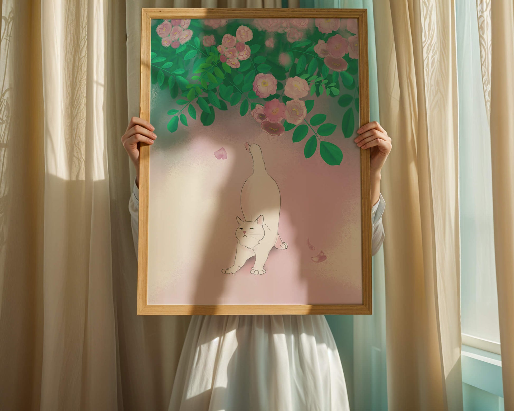 White cat stretching beneath blooming flowers in a pastel garden setting