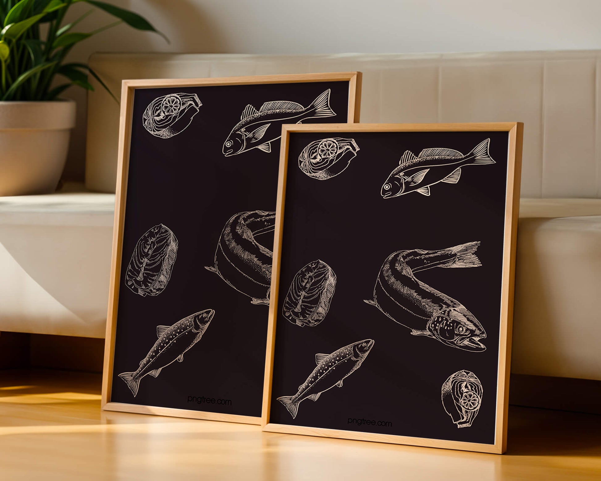 Detailed illustration of fish and seafood elements on dark background