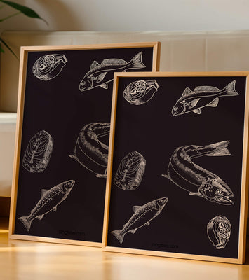 Detailed illustration of fish and seafood elements on dark background