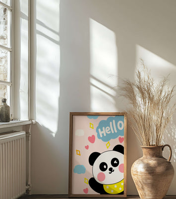 Panda illustration with playful elements and pastel colors