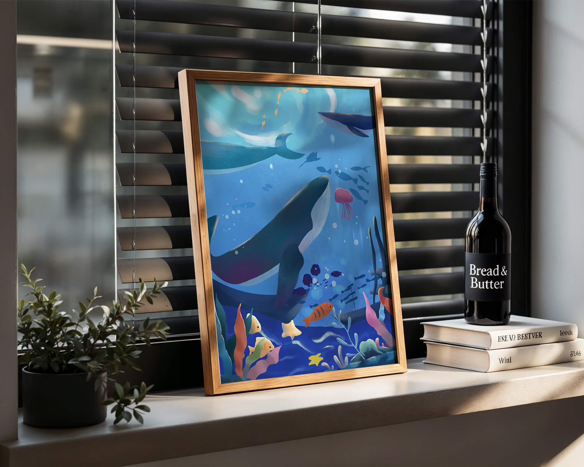 Underwater scene with whales, fish, and coral reef
