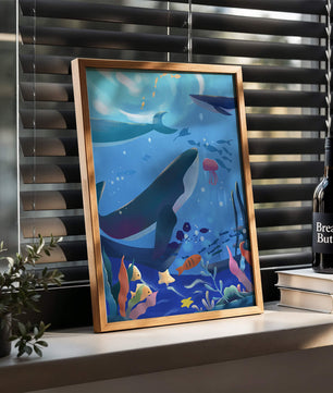 Escena submarina con ballenas, peces y arrecife de coral
