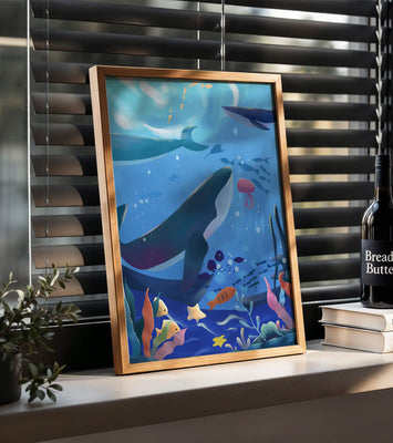 Underwater scene with whales, fish, and coral reef