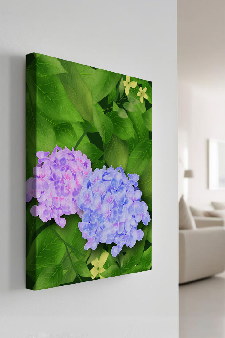 Delicate hydrangeas with lush green leaves in a vibrant botanical scene