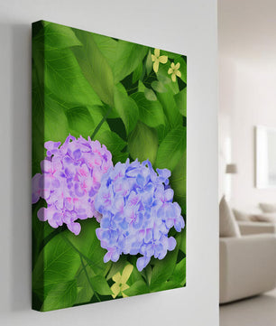 Delicate hydrangeas with lush green leaves in a vibrant botanical scene