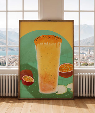 Illustrated tropical passion fruit drink with fresh slices