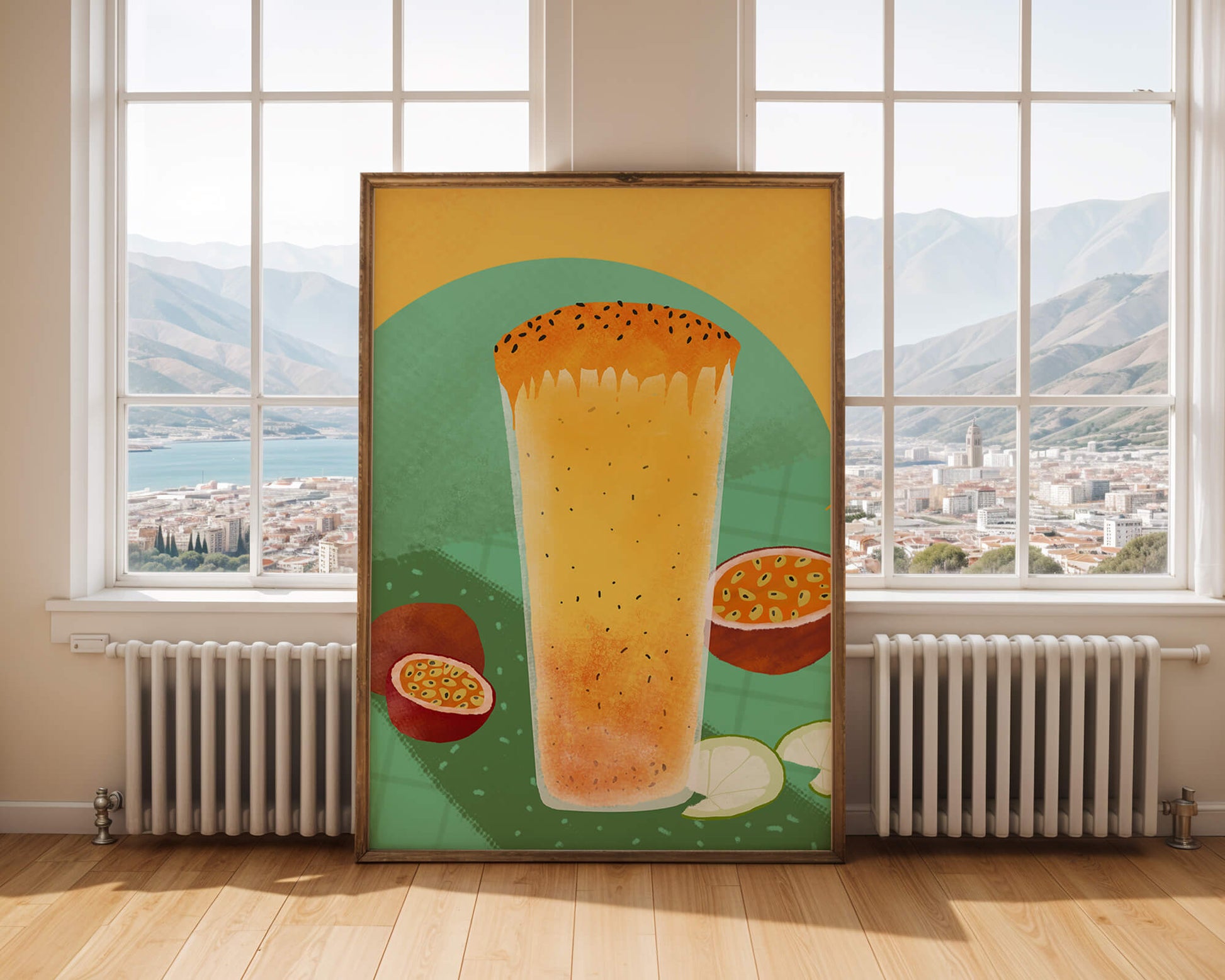 Illustrated tropical passion fruit drink with fresh slices