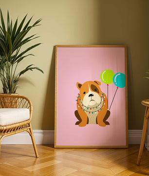 Perro de dibujos animados adorable con luces festivas y globos coloridos sobre fondo rosa
