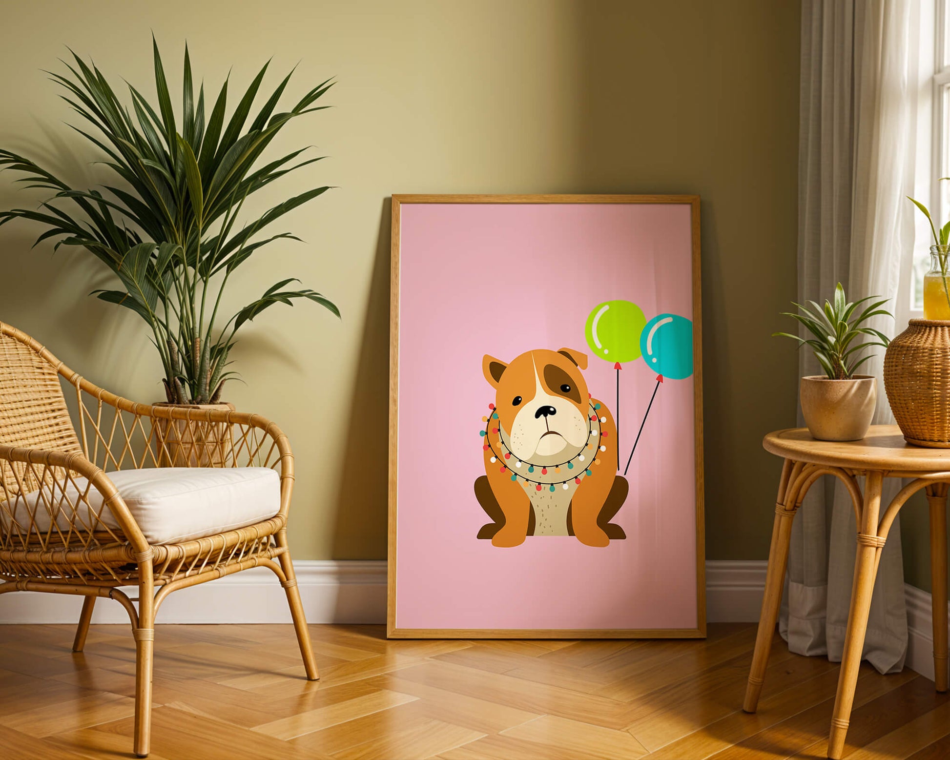 Perro de dibujos animados adorable con luces festivas y globos coloridos sobre fondo rosa