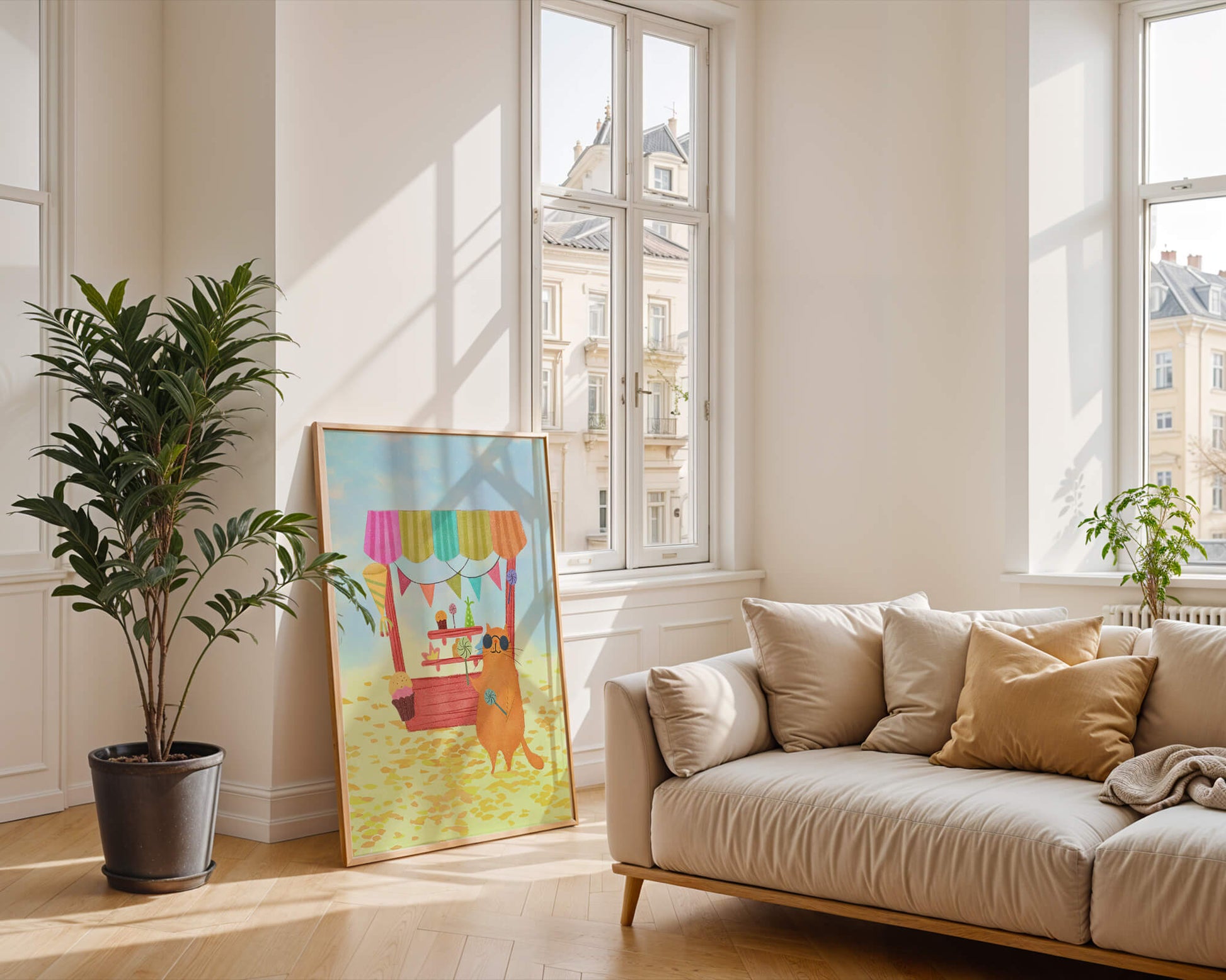Illustrated Cat with Sunglasses at a Colorful Candy Stand