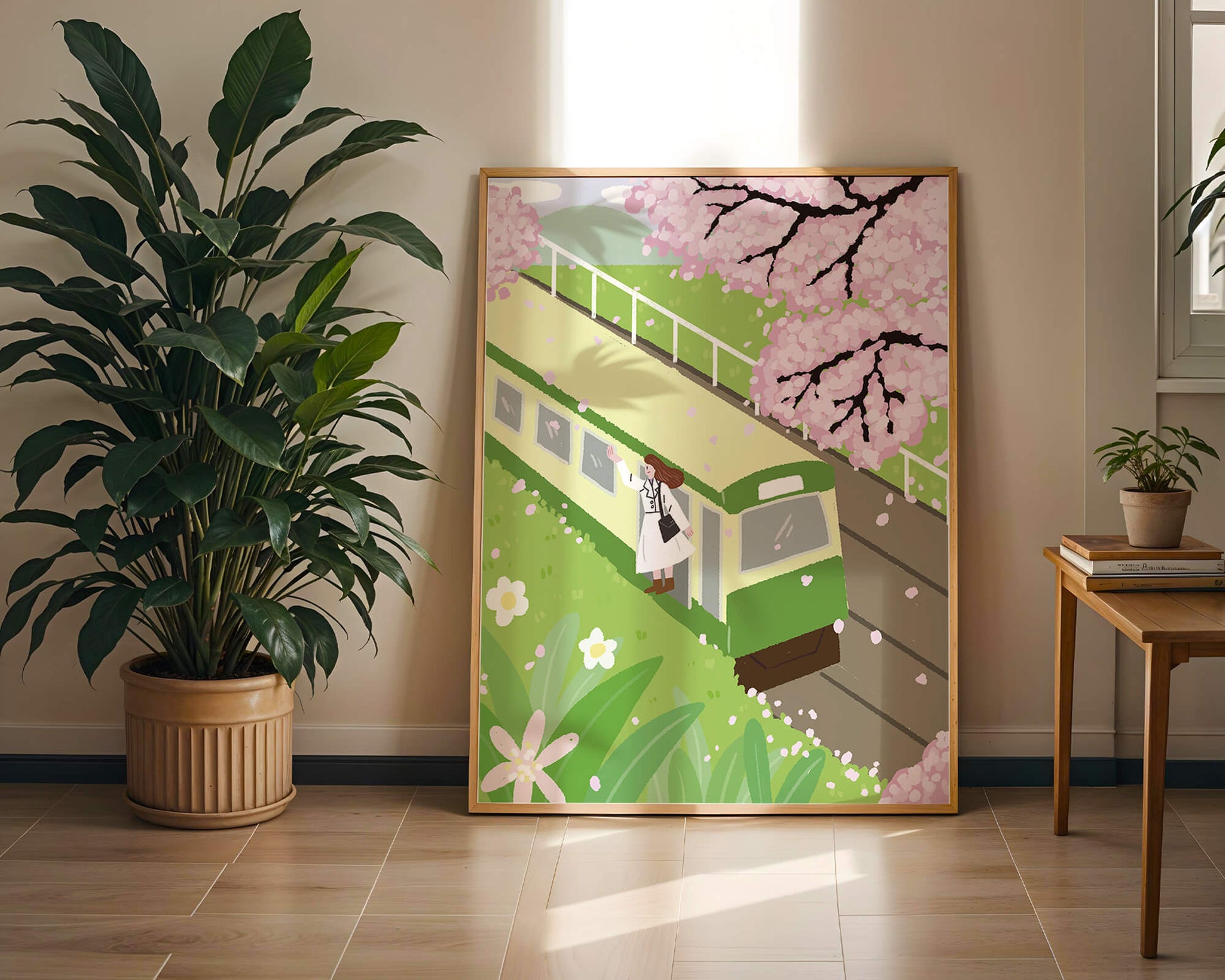 Cherry Blossoms and Train Scene in Spring Landscape