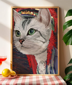 Illustrated cat portrait with colorful accents