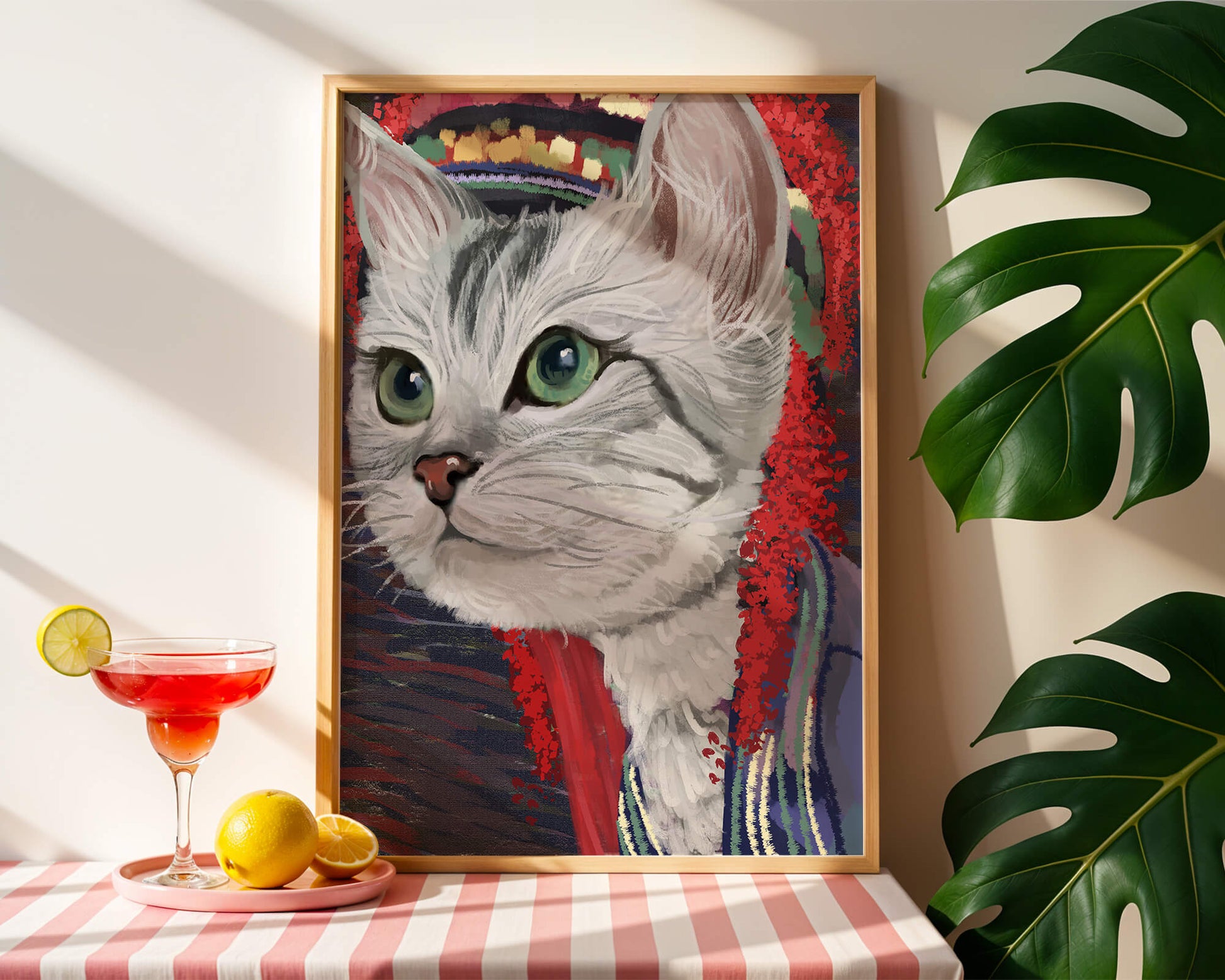 Illustrated cat portrait with colorful accents