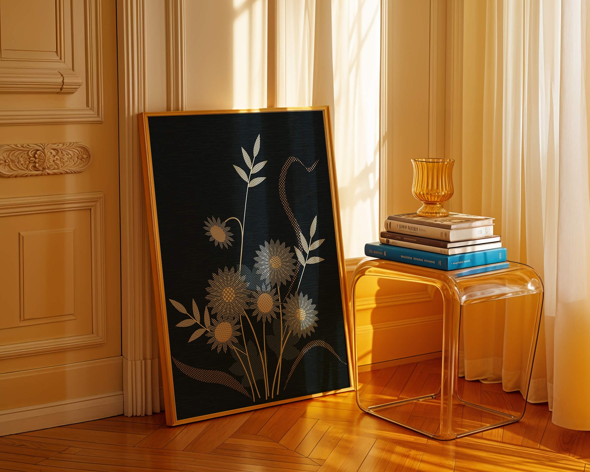 Abstract floral design with intricate patterns on dark background