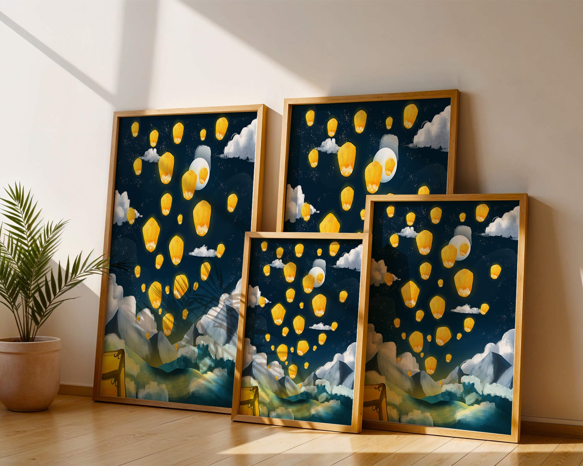 Lanterns floating in a starry night sky over mountains