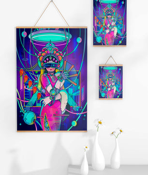 Geisha cibernética futurista con elementos de realidad virtual