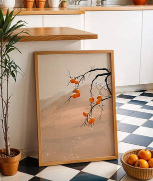 Branch with Persimmons and Snow in Minimalistic Landscape