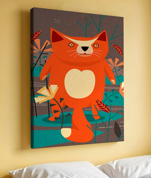 Illustration Of A Cute Orange Cat Surrounded By Stylized Trees And Plants