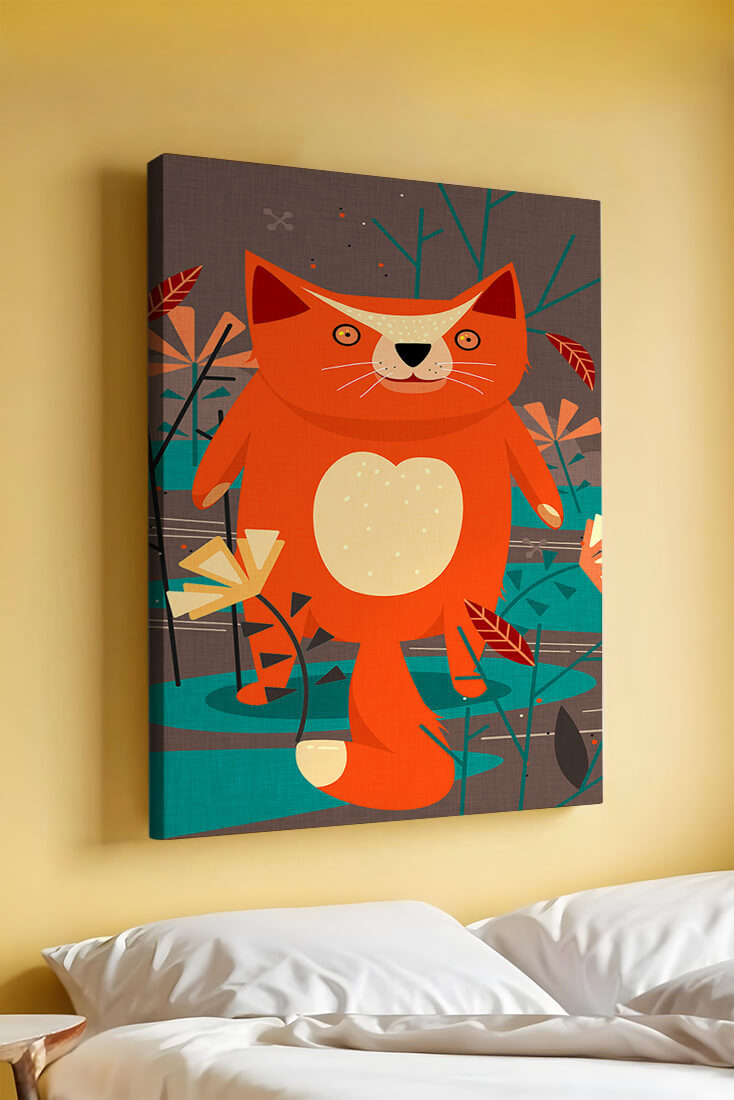 Illustration Of A Cute Orange Cat Surrounded By Stylized Trees And Plants