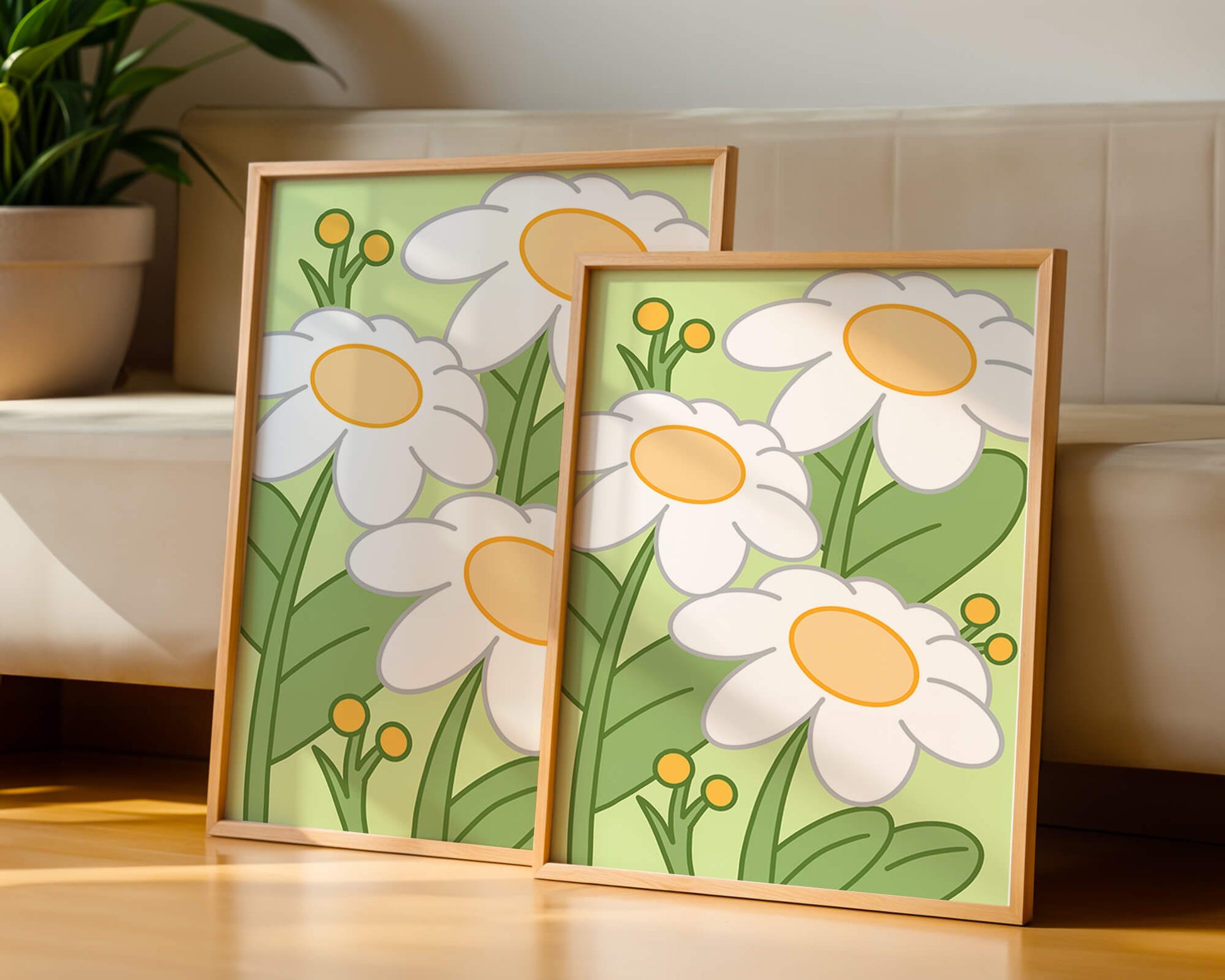 Charming illustrated daisies on a green background