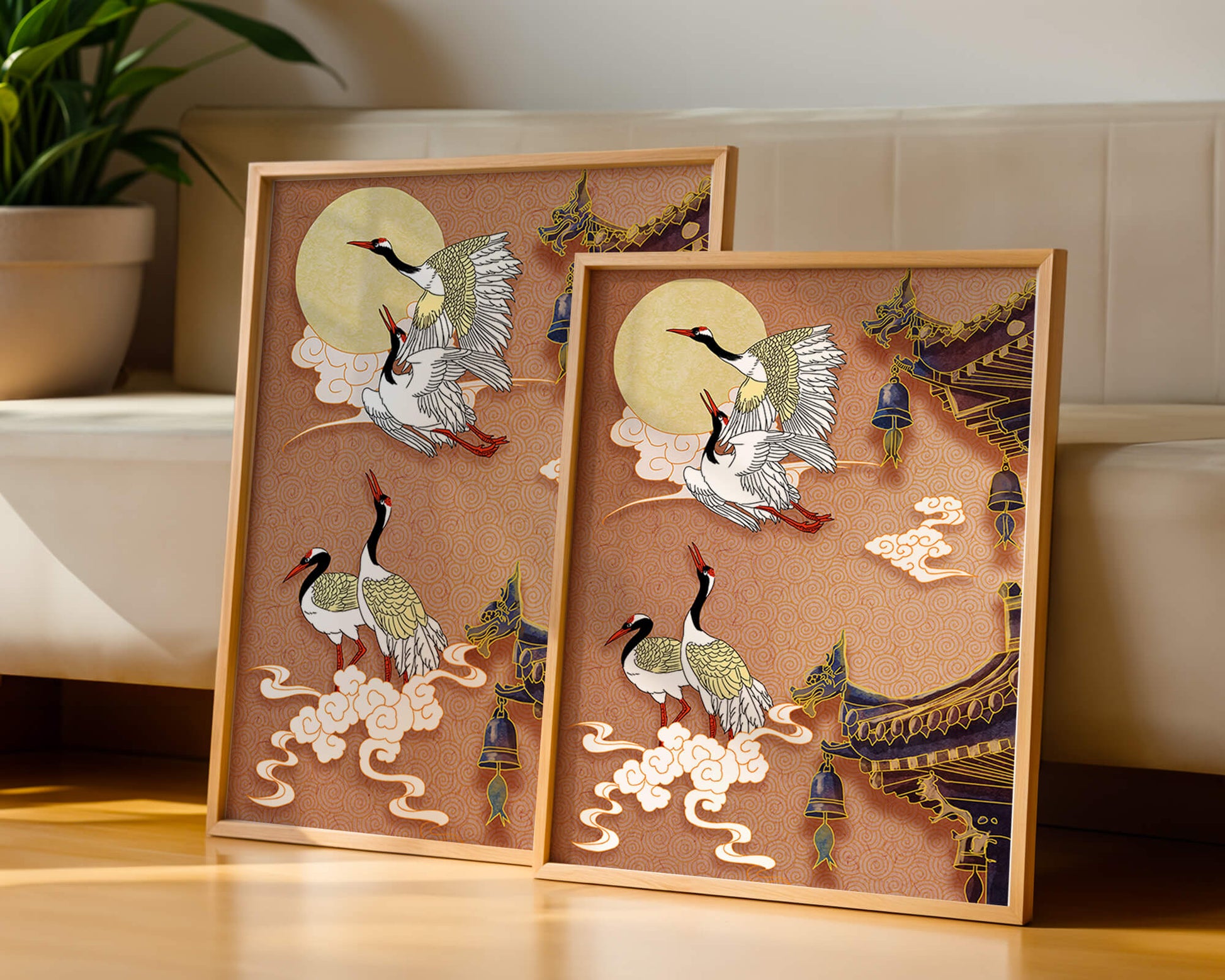 Elegant cranes flying beside traditional Asian architecture under moonlight