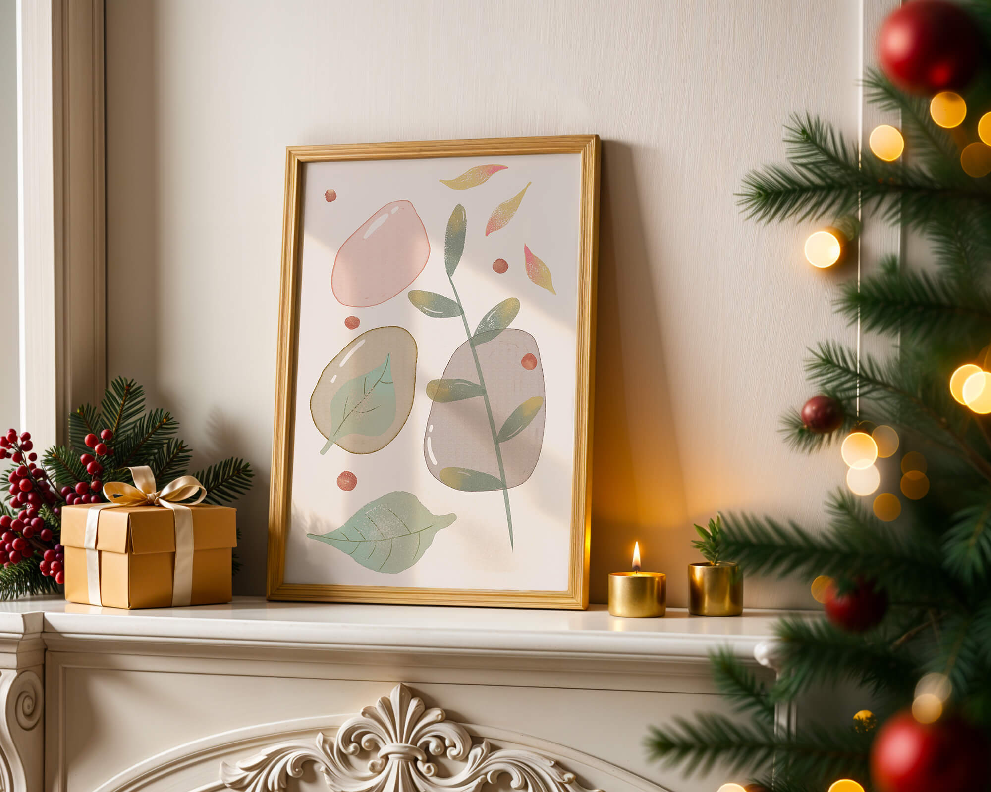 Abstract botanical illustration with pastel colored leaves and shapes