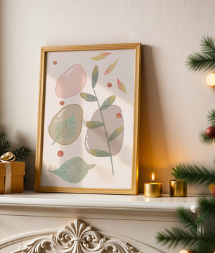 Abstract botanical illustration with pastel colored leaves and shapes