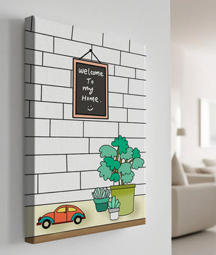 Kreidetafel-Schild mit Topfpflanzen und Spielzeugauto auf Ziegelmauer-Hintergrund