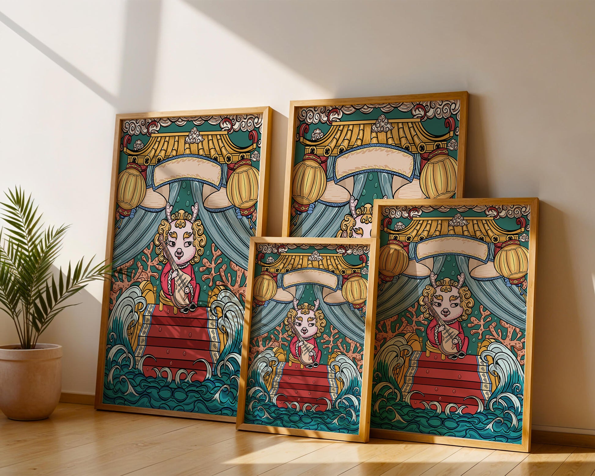 Illustration of a whimsical animal playing a stringed instrument in a fantastical setting