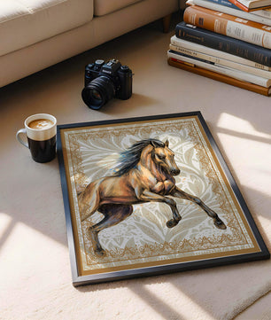 Elegant horse illustration with ornate golden frame