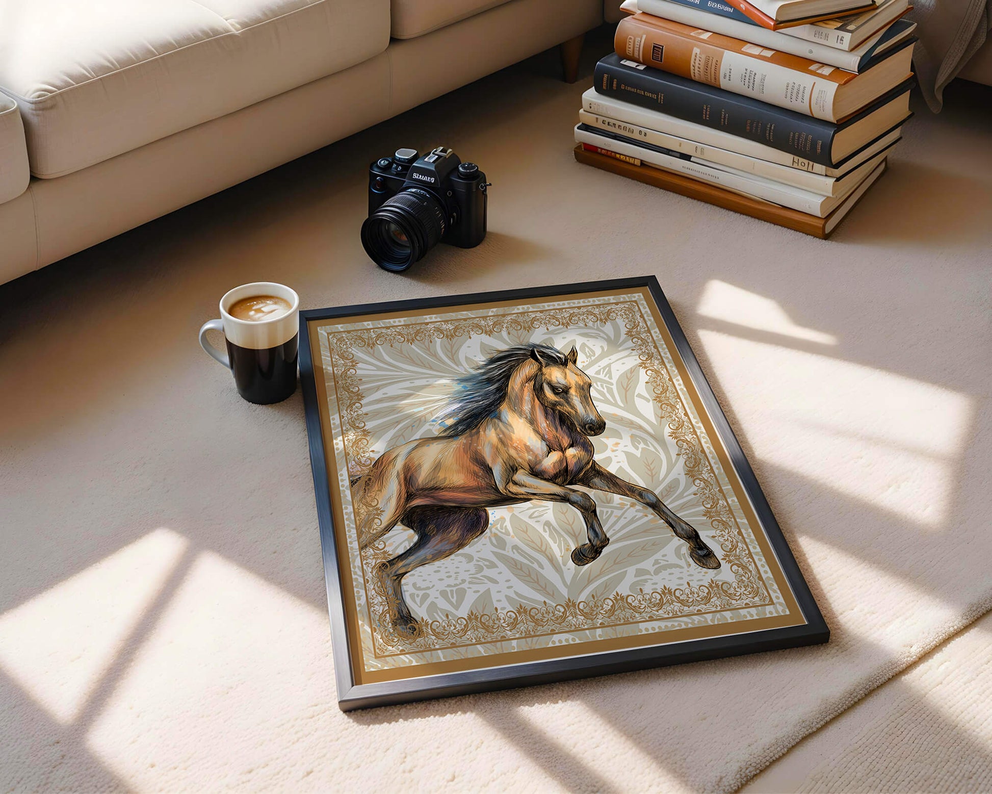 Elegant horse illustration with ornate golden frame
