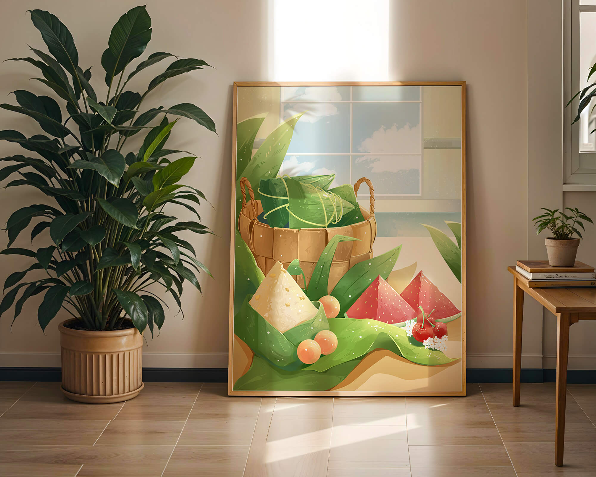 Serene kitchen scene with basket of fruits and leaves
