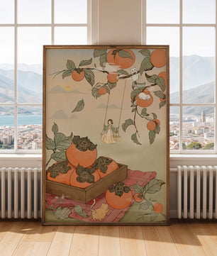 Paisaje caprichoso con naranjas y un niño columpiándose