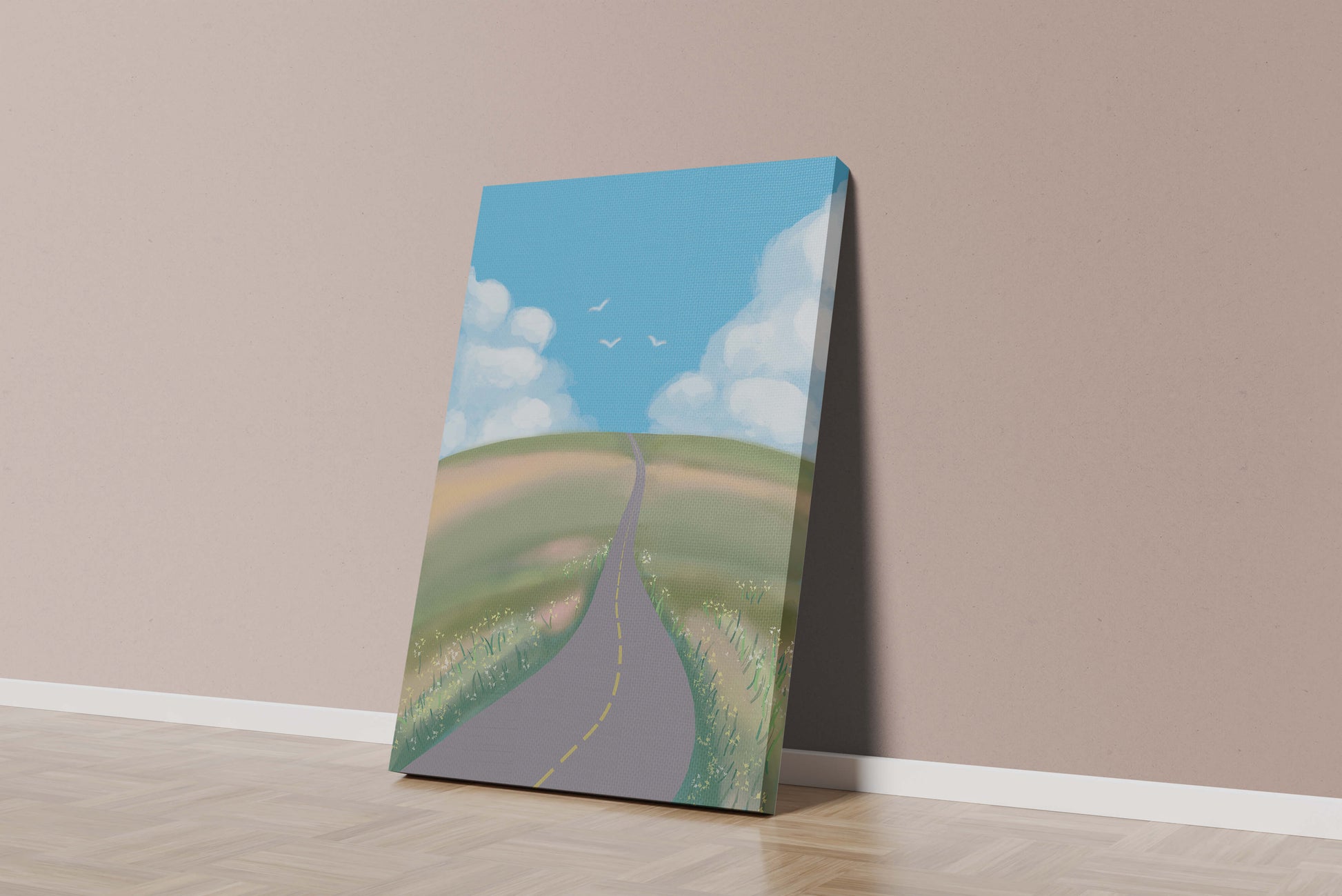 Serene countryside road with vibrant sky and rolling hills