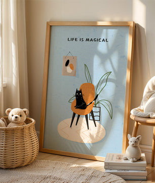 Charming Cat Relaxing on a Chair with Inspirational Quote and Art