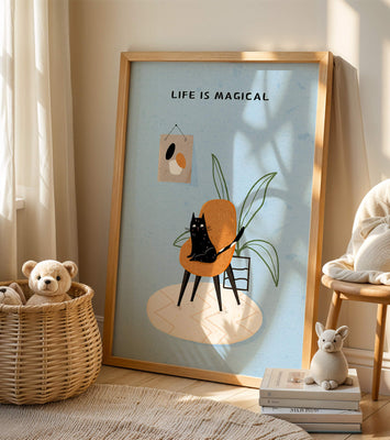 Charming Cat Relaxing on a Chair with Inspirational Quote and Art