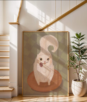 Illustration of fluffy cat with rose on a cushion