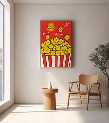 Playful illustration of popcorn and burger characters on a red background