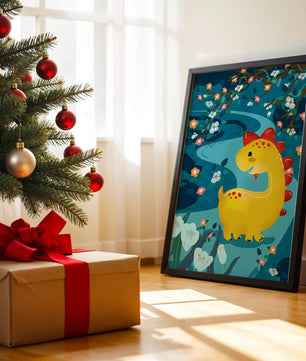 Golden Dinosaur in Enchanted Floral Forest