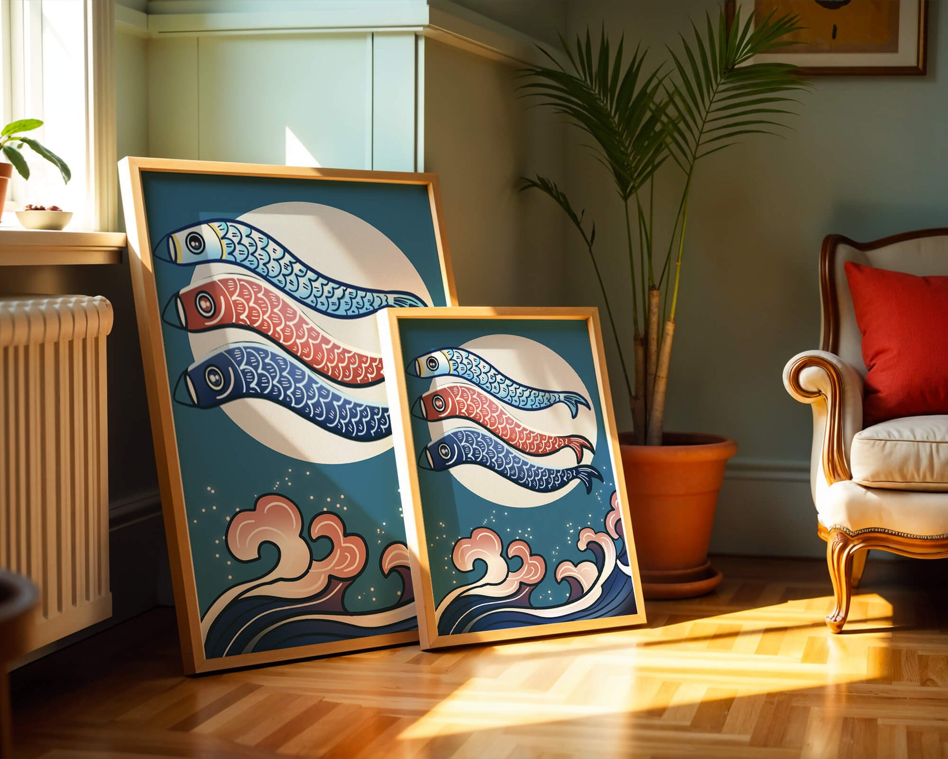 Colorful koi fish kites against a full moon with ocean waves