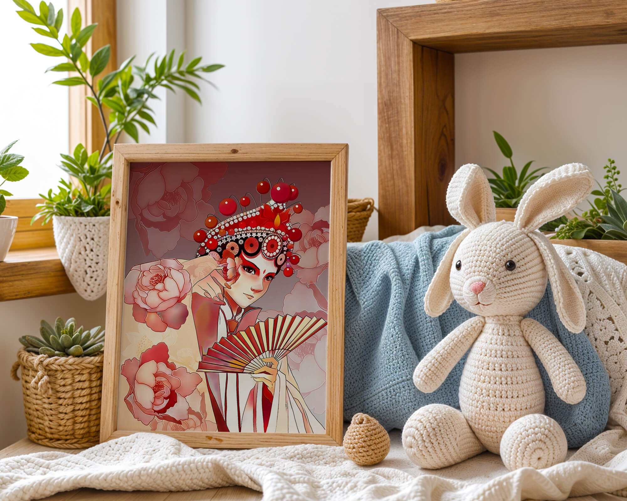 Traditional Asian artwork with floral motifs and ornate headpiece