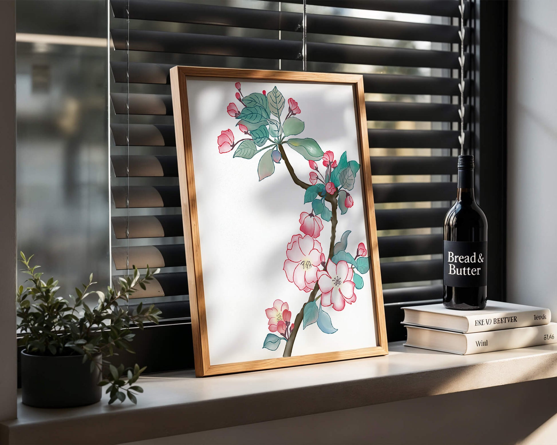 Rama delicada de cerezo en flor a la acuarela con hojas y flores vibrantes