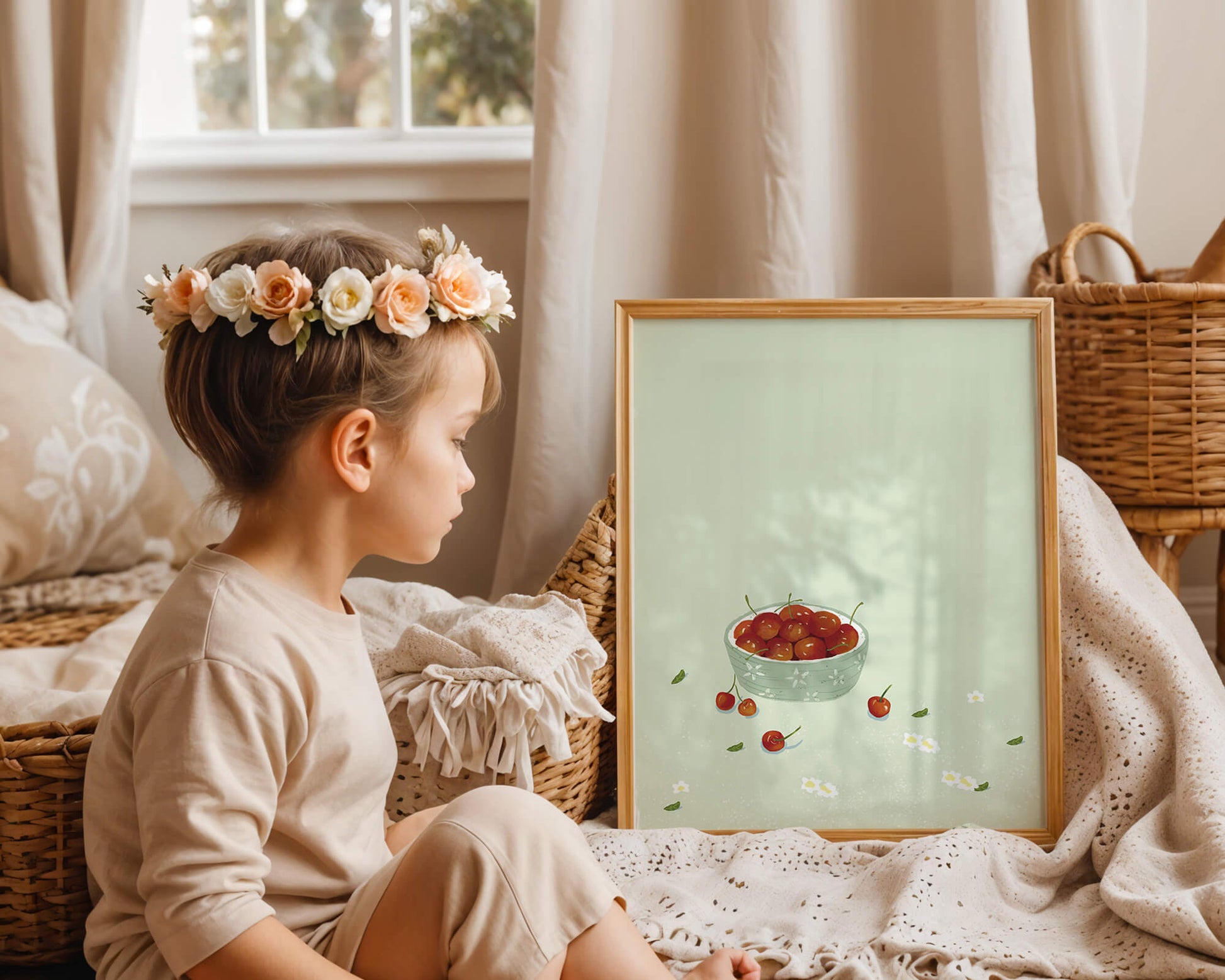 Cherries in a decorative bowl with floral accents on a soft green background