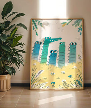 Illustration of Happy Cartoon Crocodiles in a Colorful Meadow - Mi tienda