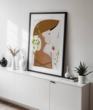 Elegant Abstract Portrait of a Woman with Floral Elements and a Large Hat - Mi tienda
