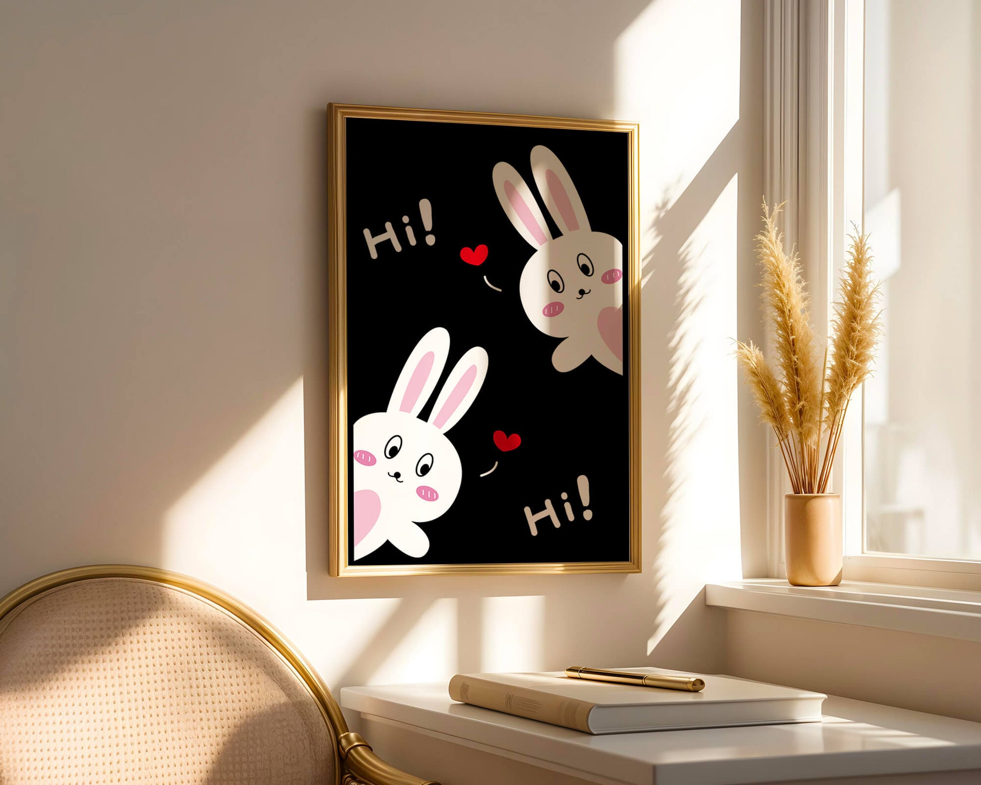 Charming bunny illustration with hearts on black background